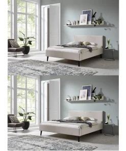 [Leira Beige 140×200/180×200] Polsterbett aus Eichenholz Stoffbezug Polsterung Kopfteil Einzel/Doppelbett Schlafzimmer