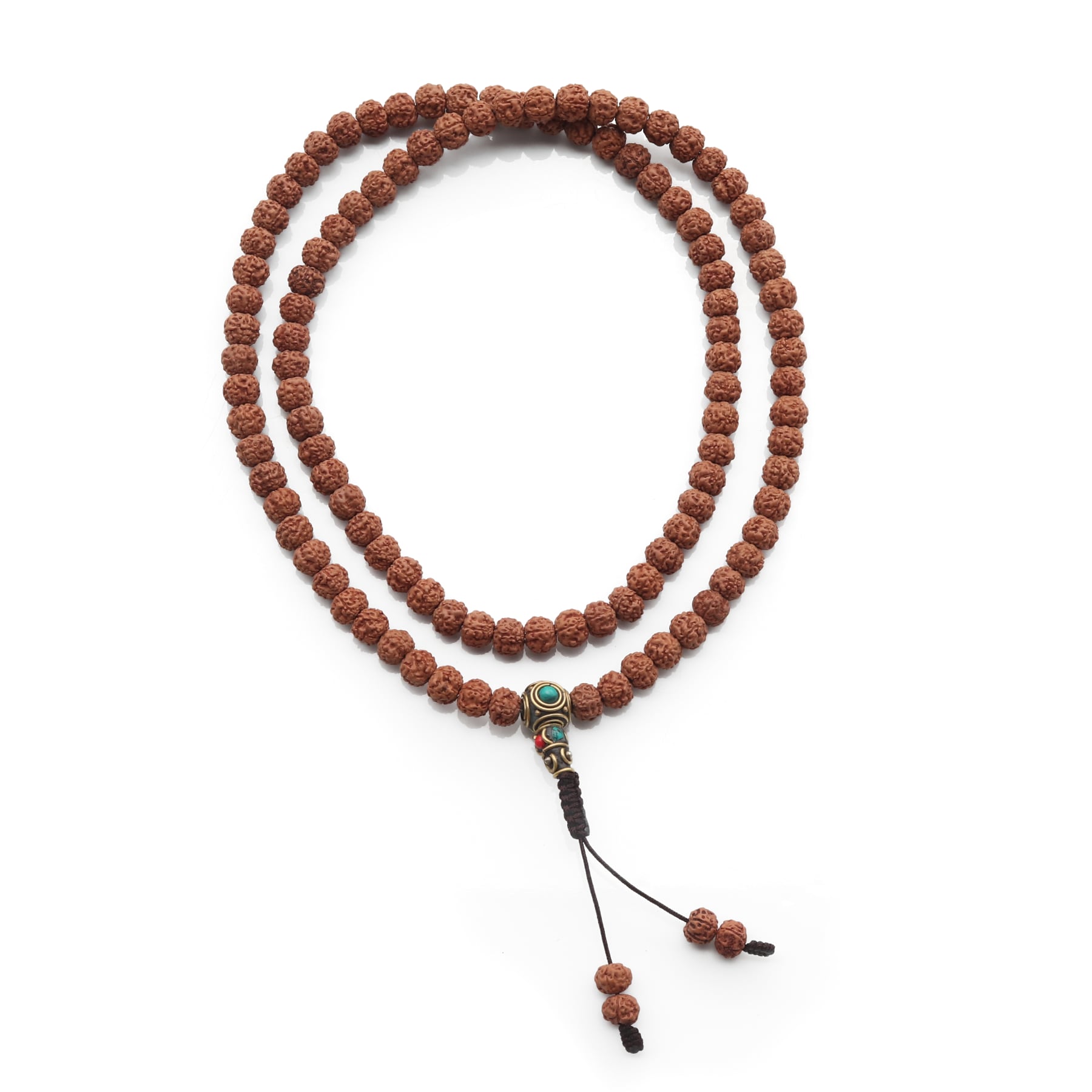 Mala Halskette Rudraksha mit brauner Schnur, 108 Perlen, 7 mm