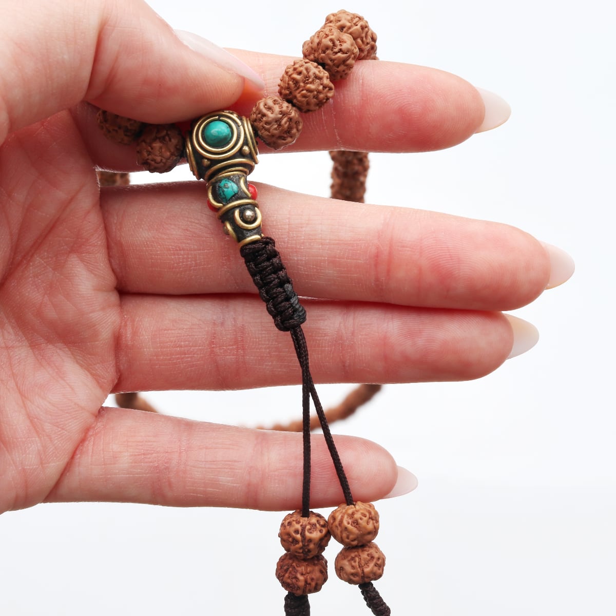 Mala Halskette Rudraksha mit brauner Schnur, 108 Perlen, 7 mm – Bild 4